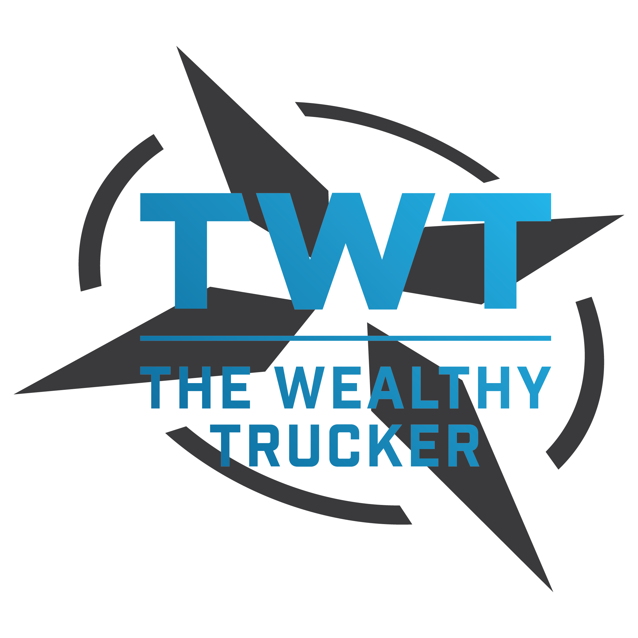 A logo with a large gray star and curved lines in the background. Over the star, blue text reads TWT above a blue line, with THE WEALTHY TRUCKER—your trusted leadership coach—written below the line in blue capital letters.